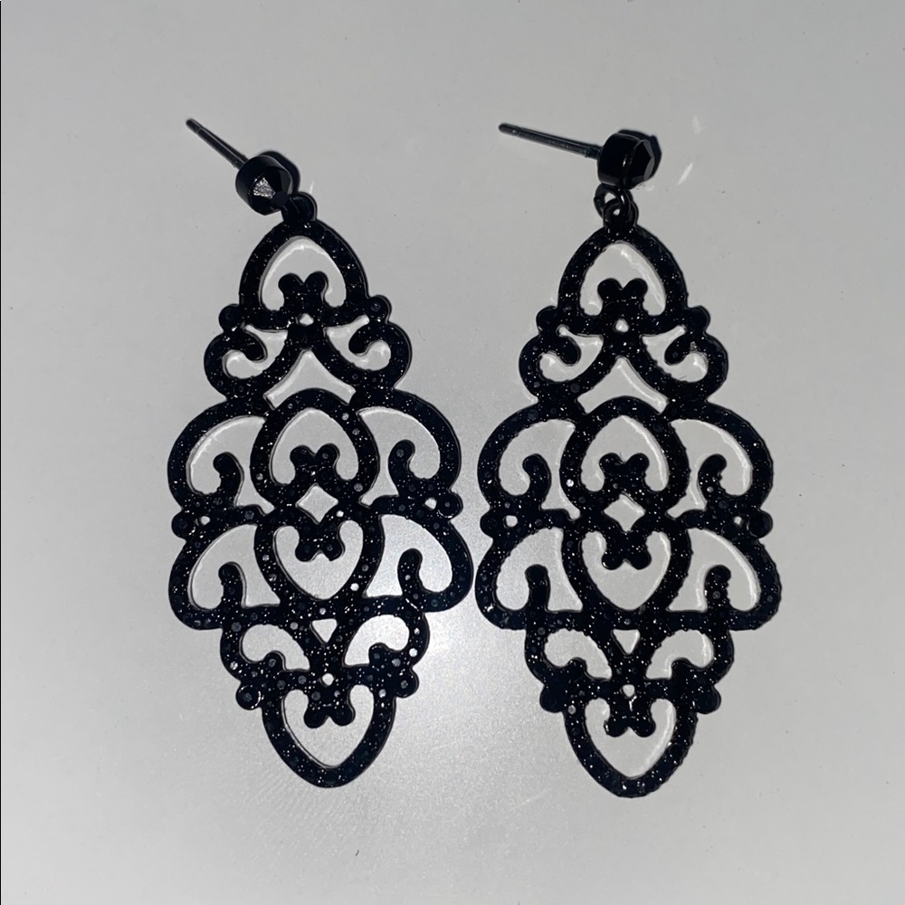 INC International Concepts Black Victorian Filigree Drop Dangle Earrings